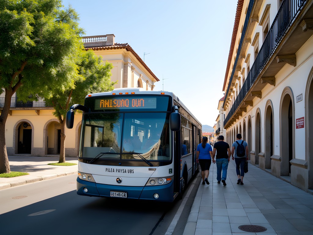 Local bus at Plaza Constitución in Paysandú with historic buildings