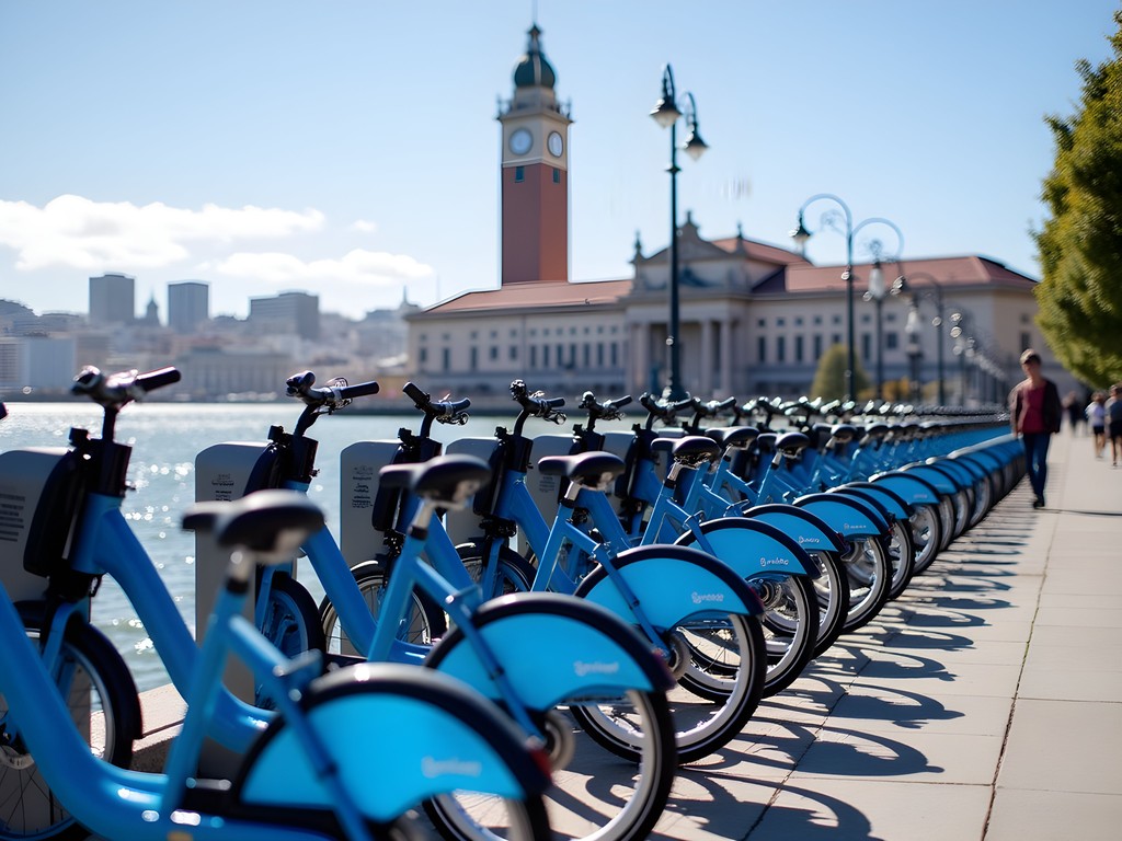 Bay Wheels bike sharing station along San Francisco's Embarcadero with Ferry Building visible