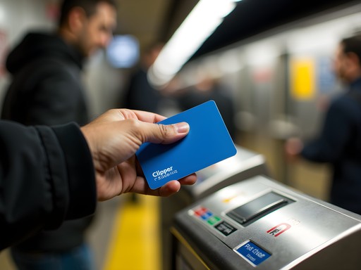Person tapping Clipper Card at MUNI Metro fare gates in downtown San Francisco