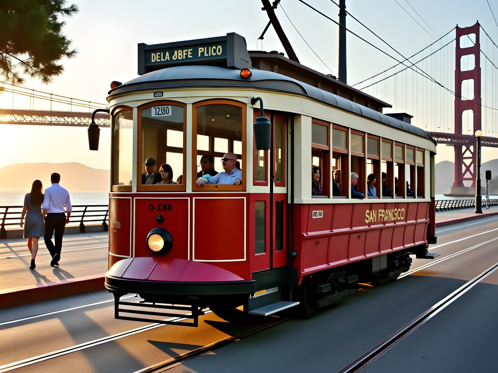 Historic F-Line streetcar traveling along the Embarcadero with Bay Bridge in background