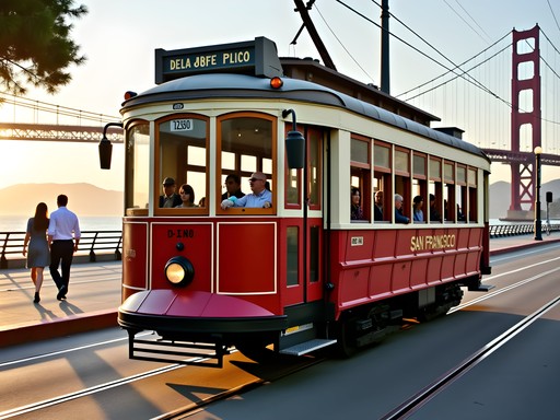 Historic F-Line streetcar traveling along the Embarcadero with Bay Bridge in background