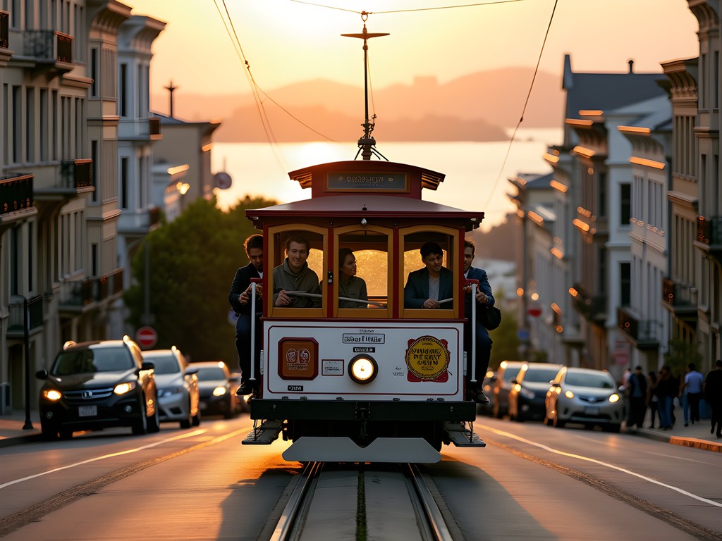 Cable car climbing San Francisco hill with Bay views in background