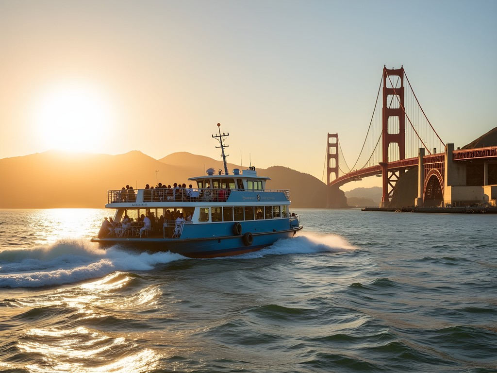 San Francisco Bay Ferry with Golden Gate Bridge and cityscape views