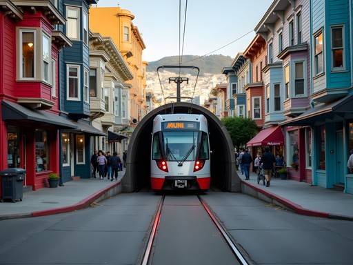 MUNI metro train emerging from underground tunnel into vibrant San Francisco neighborhood