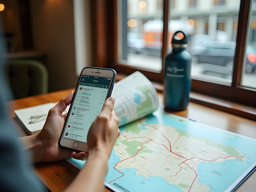 Person planning San Francisco transit adventure with mobile app and city map