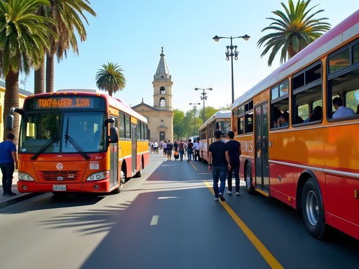 Colorful local buses at Plaza Independencia bus stop in Tucumán