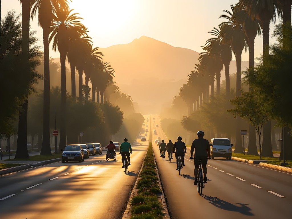 Early morning bicycle ride along Avenida Mate de Luna with mountain views