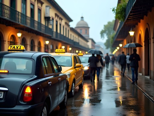 Taxi stand during afternoon rain shower in downtown Tucumán