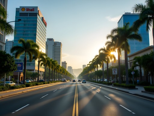 Early morning in Seria's business district with oil company headquarters