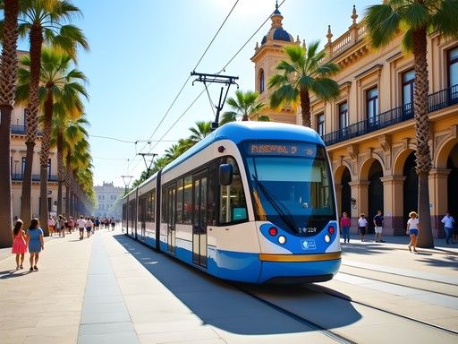 Modern tram passing historic Plaza de España in Seville with families walking nearby
