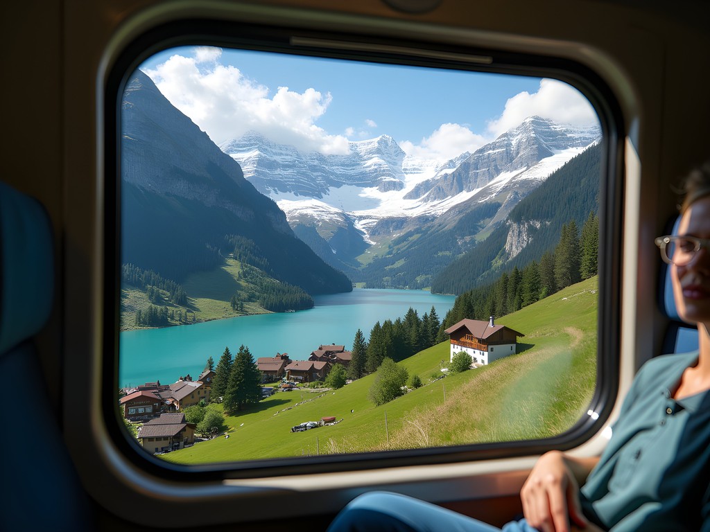 Train journey through Swiss Alps with mountain views