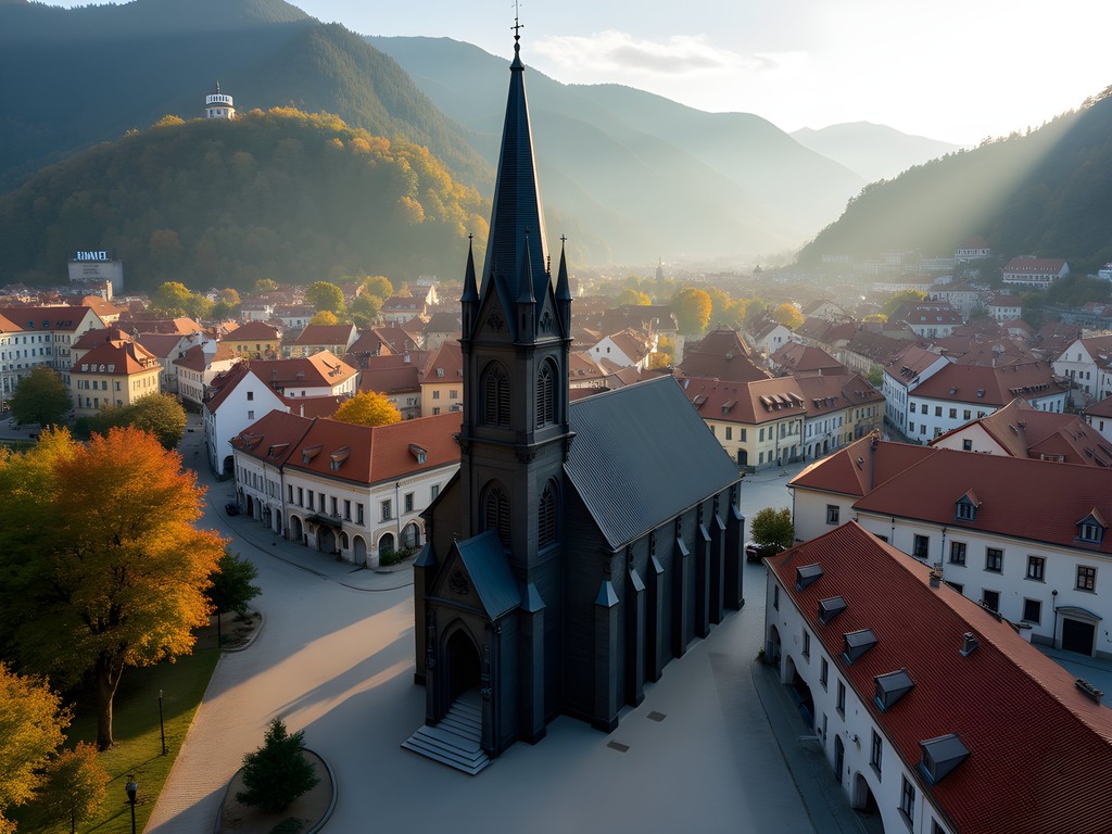 Aerial view of Brasov old town with Black Church and surrounding mountains