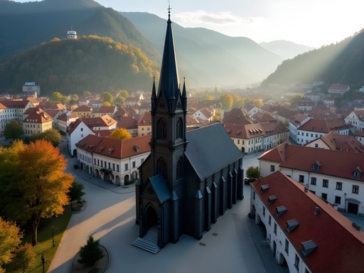 Aerial view of Brasov old town with Black Church and surrounding mountains