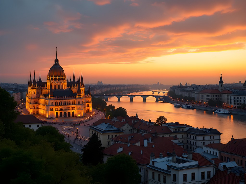 Sunset view of Budapest and Danube River from Fisherman's Bastion