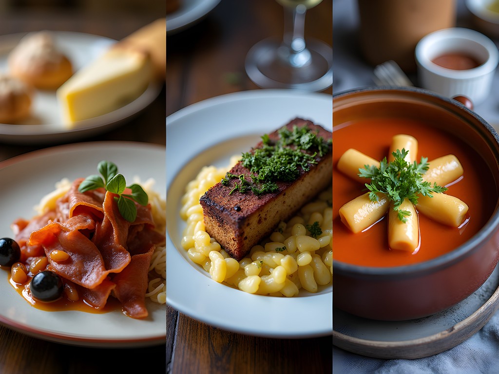 Collage showing food transitions from Spanish tapas to Romanian cuisine