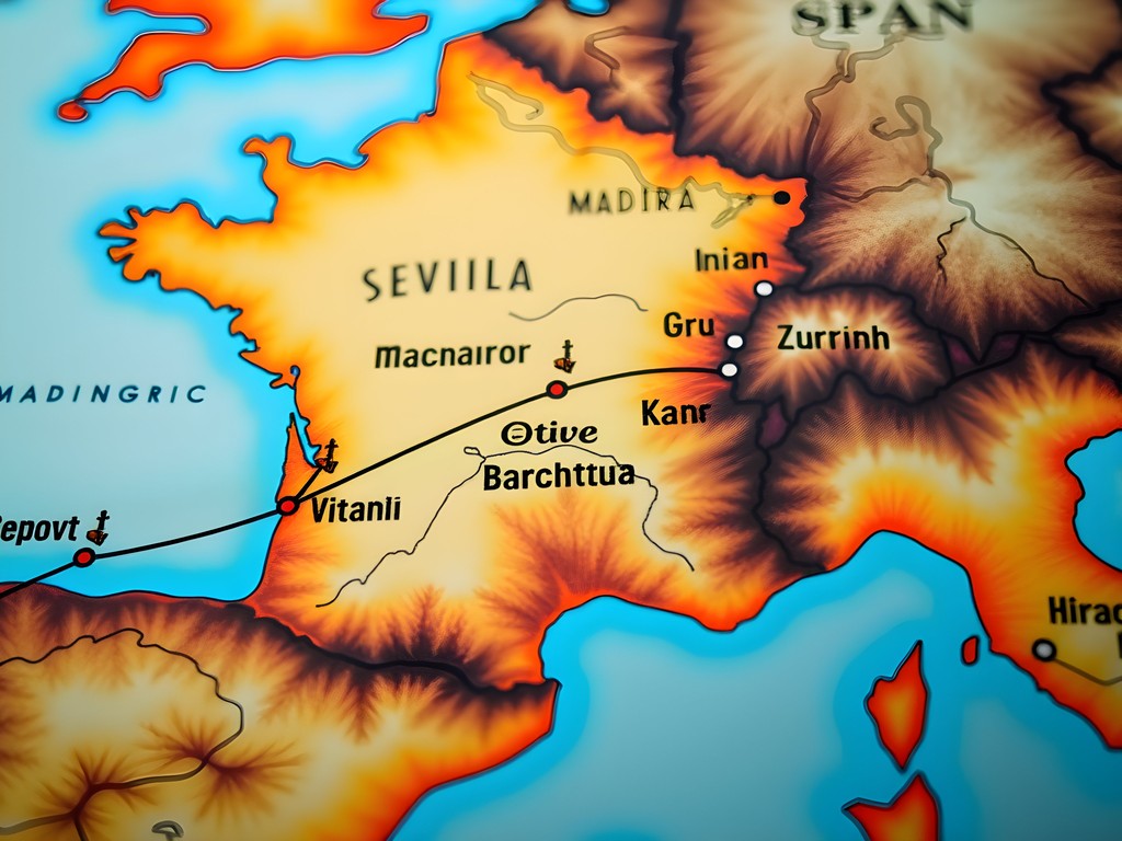 Map showing the overland route from Seville to Brasov across Europe
