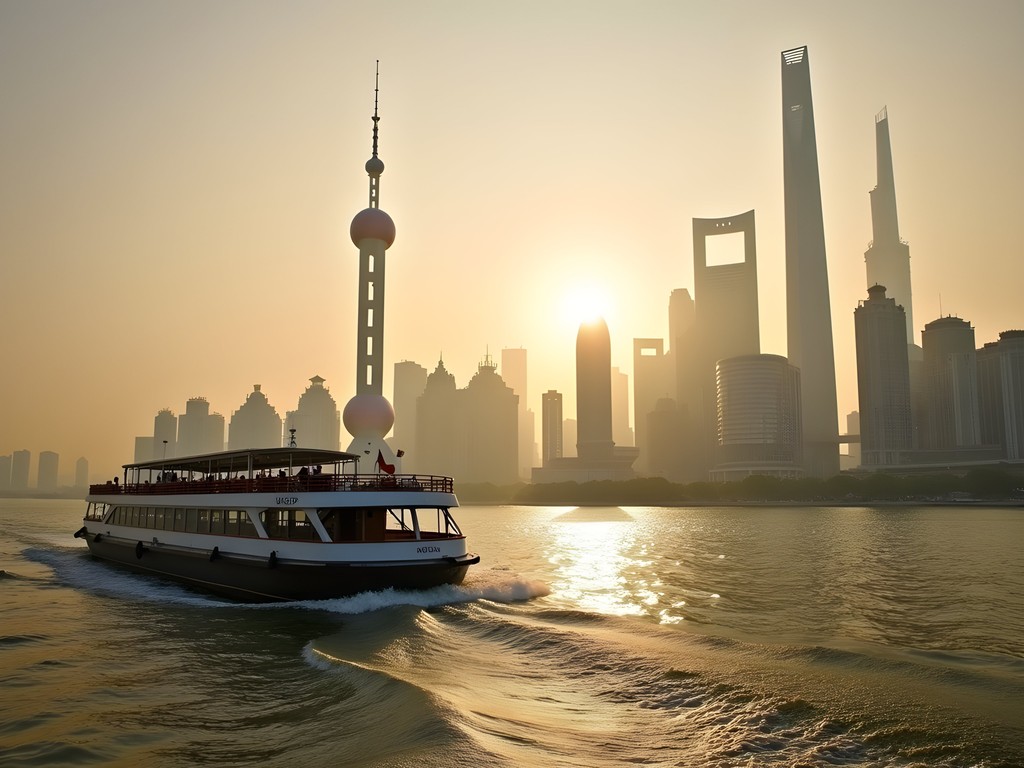 View from Huangpu River ferry crossing with Shanghai skyline and The Bund visible