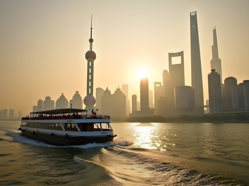 View from Huangpu River ferry crossing with Shanghai skyline and The Bund visible