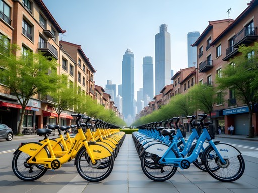 Colorful shared bikes lined up on Shanghai street with modern buildings and traditional lane houses