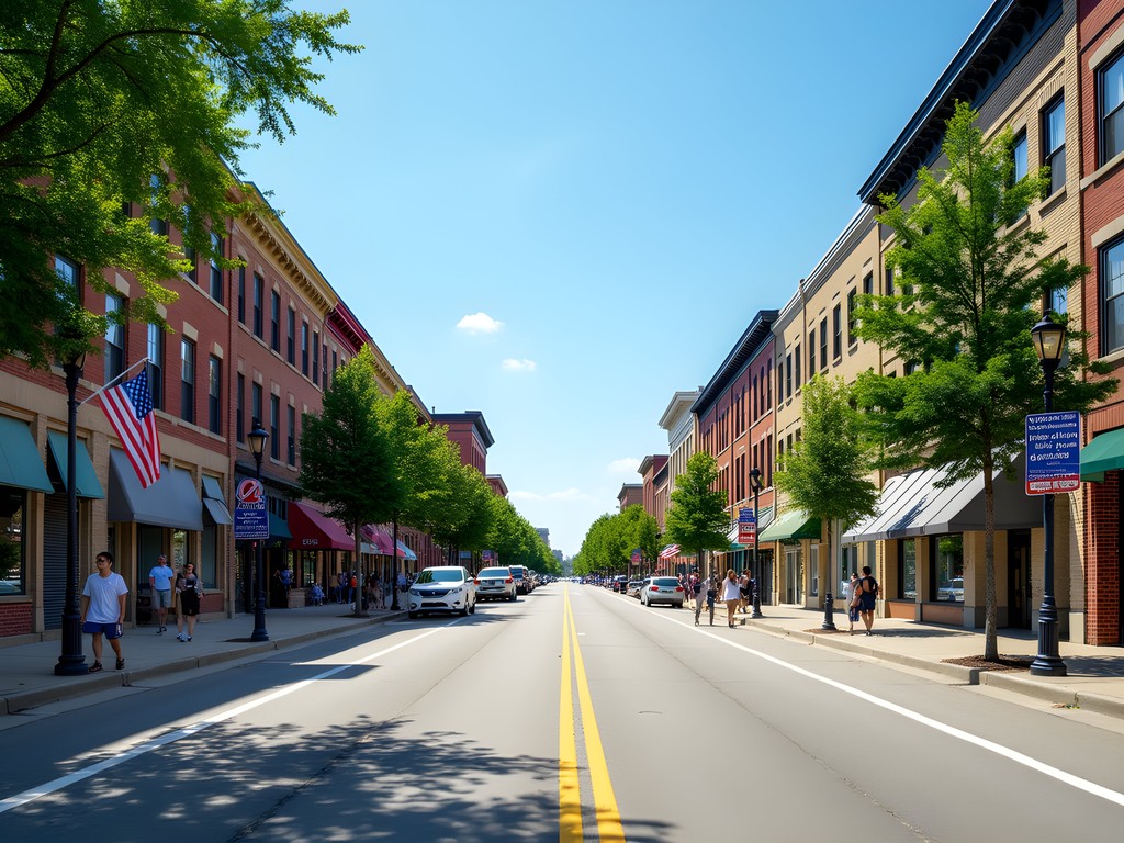 Downtown Sioux City street with ample parking and historic buildings