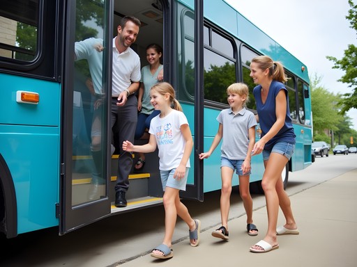 Family with children happily boarding a Sioux City Transit bus
