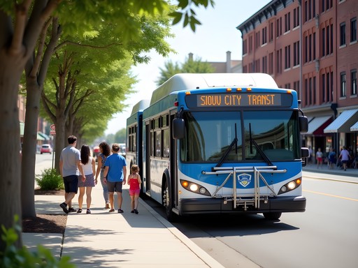 Sioux City Transit bus at downtown stop with families boarding