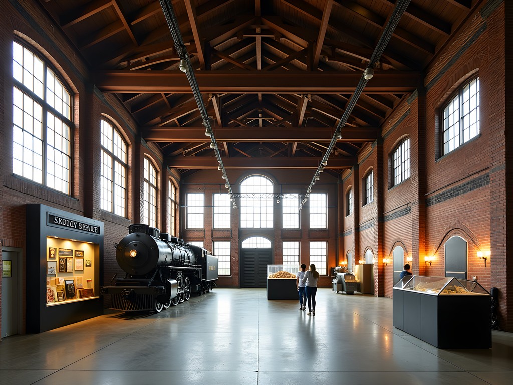 Interior of historic Milwaukee Railroad Shops with preserved industrial architecture and train exhibits