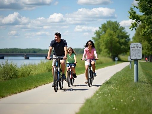Family cycling on Sioux City's Riverfront Trail with Missouri River and historical transportation markers