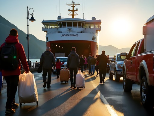 Passengers boarding Alaska ferry at Sitka terminal with luggage