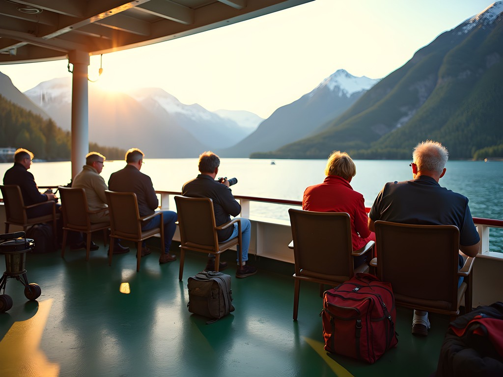 Solarium deck on Alaska ferry with passengers enjoying views