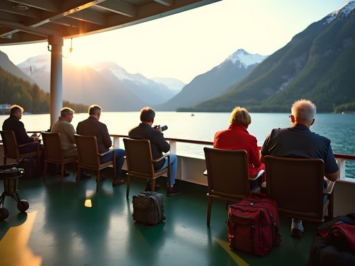 Solarium deck on Alaska ferry with passengers enjoying views