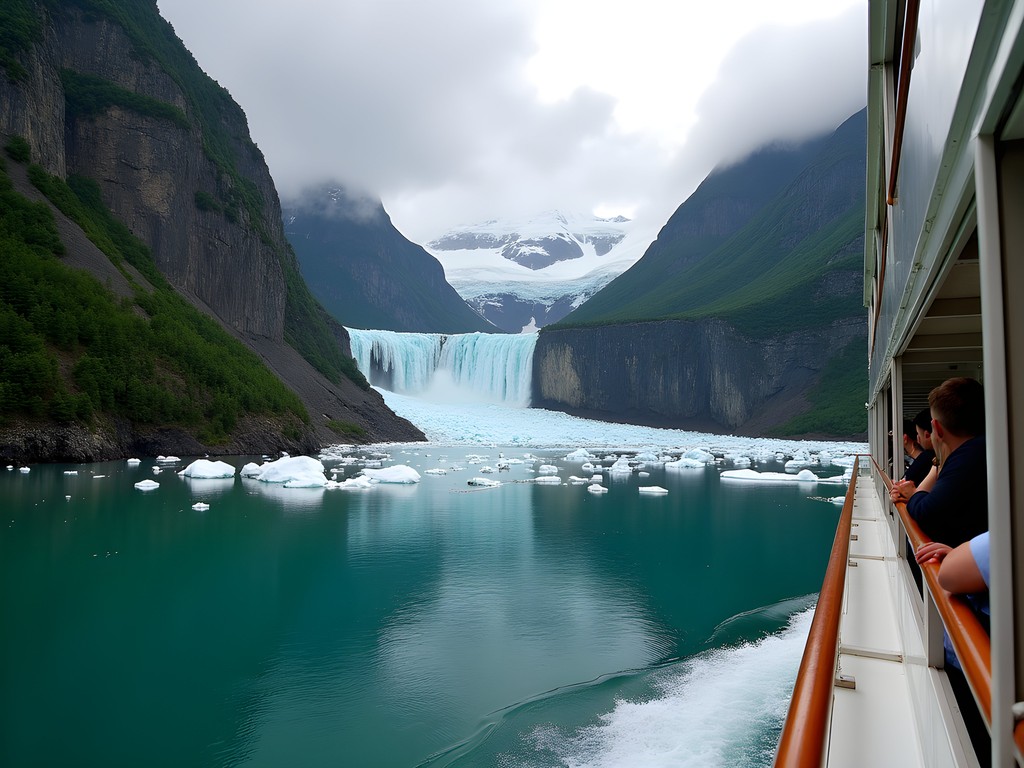 Spectacular view from Alaska ferry deck showing fjords and mountains