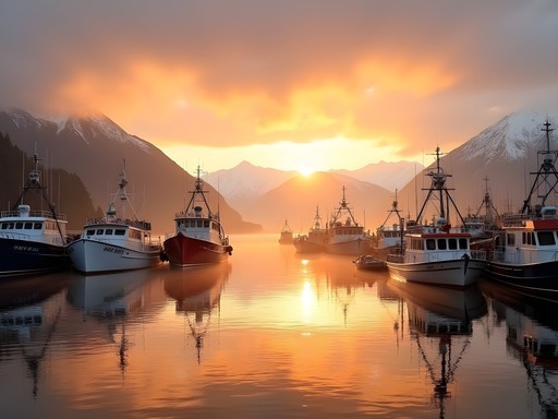 Sitka harbor at sunrise with fishing boats and mountains