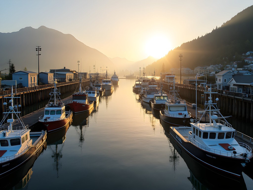Sitka harbor at morning light with fishing boats and water taxis