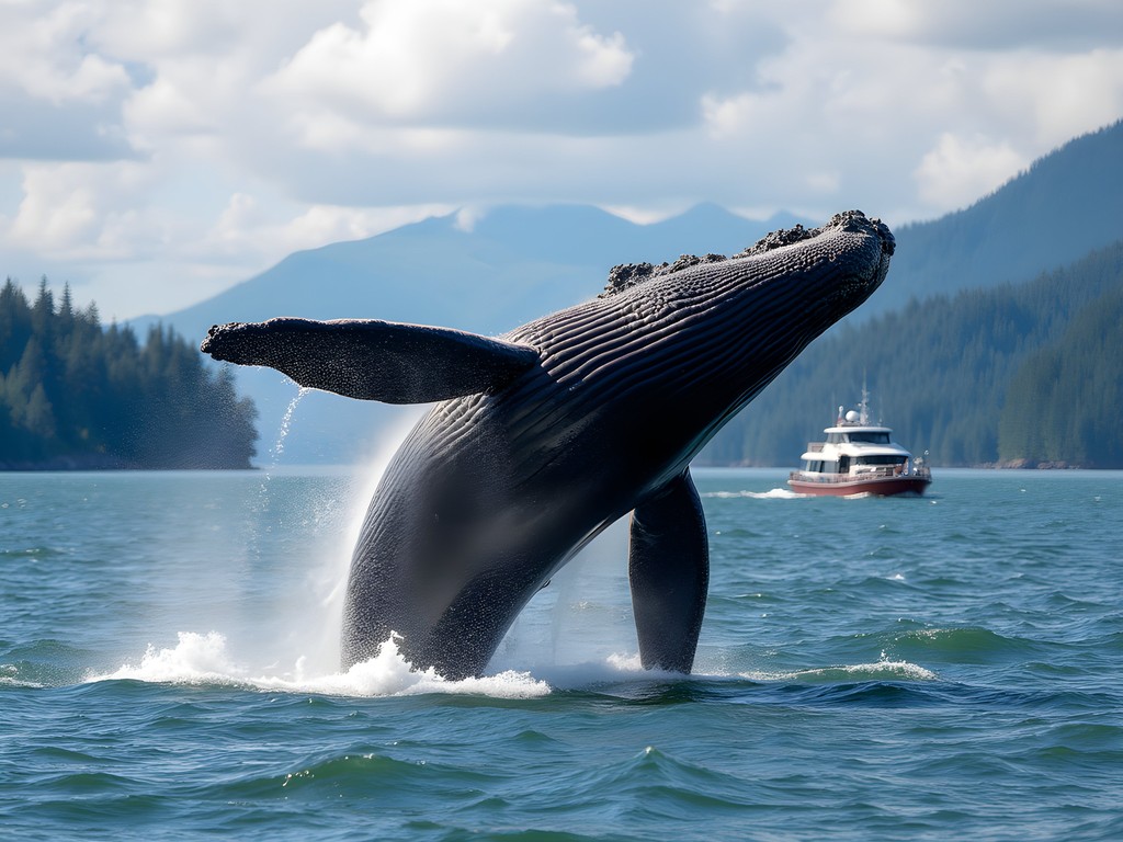Humpback whale breaching near small boat in Sitka Sound
