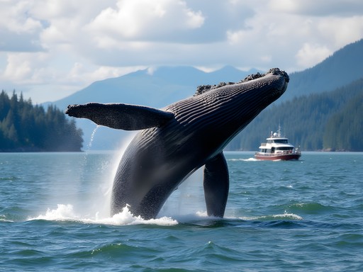 Humpback whale breaching near small boat in Sitka Sound