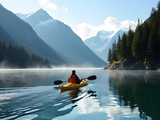 Timothy Robertson kayaking in Sitka Sound with mountains in background