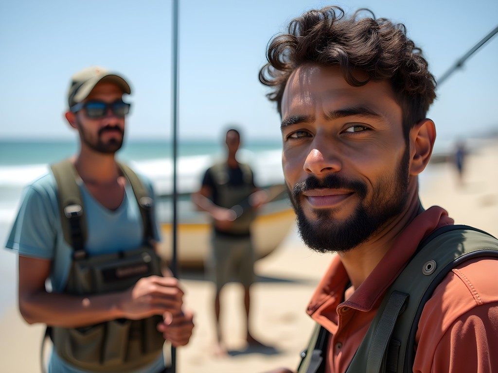 Reese Roberts learning fishing techniques from local anglers at Henties Bay, Skeleton Coast