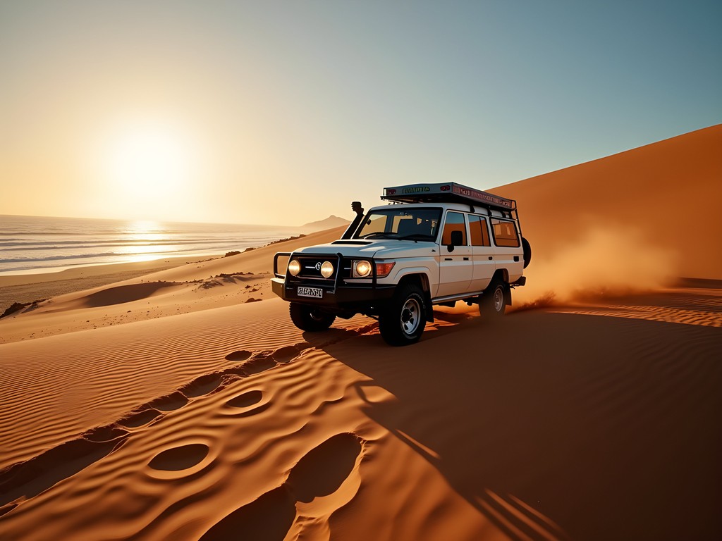 Toyota Land Cruiser 4x4 navigating massive sand dunes on Namibia's Skeleton Coast