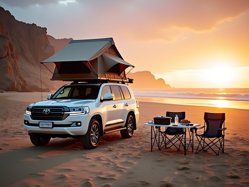 Luxury expedition camping setup at sunset on Skeleton Coast with 4x4 and rooftop tent