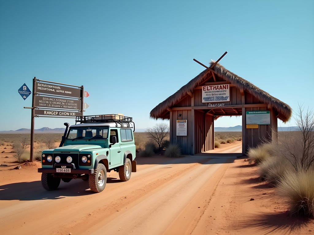 Ugab Gate entrance checkpoint to Skeleton Coast National Park with 4x4 vehicle