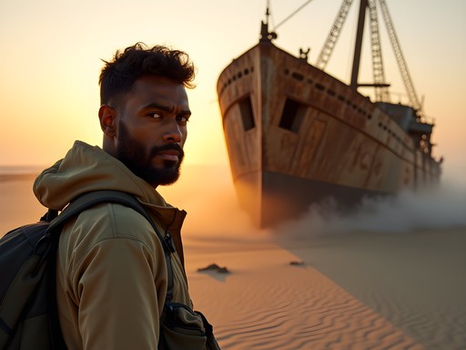 Man exploring dramatic shipwreck on Namibia's Skeleton Coast at sunrise