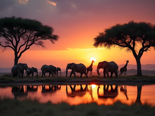 Elephants and giraffes at Okaukuejo waterhole in Etosha National Park at sunset