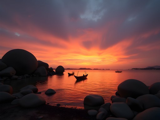 Sunset over Lake Victoria with distinctive rock formations and fishing boats in Mwanza, Tanzania