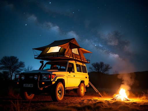 Rooftop tent camping at night in Zambia with campfire and starry sky