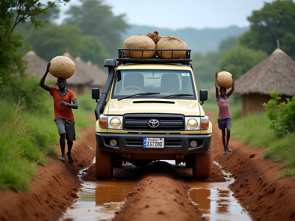 4x4 vehicle navigating muddy rural road in Zambia with local villagers walking alongside
