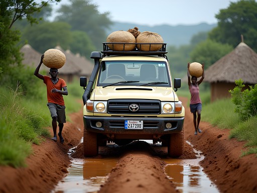 4x4 vehicle navigating muddy rural road in Zambia with local villagers walking alongside