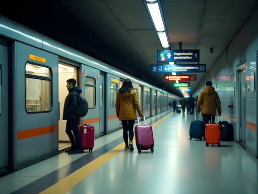 Sofia Airport metro station with families and travelers with luggage