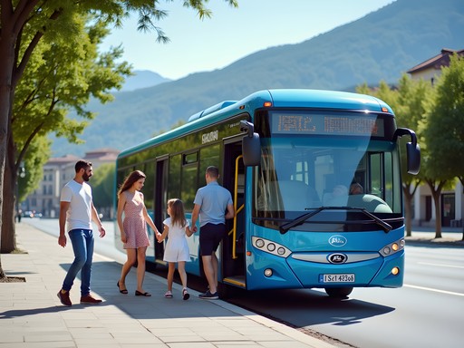 Family boarding a blue Sofia trolleybus with Vitosha Mountain visible in background