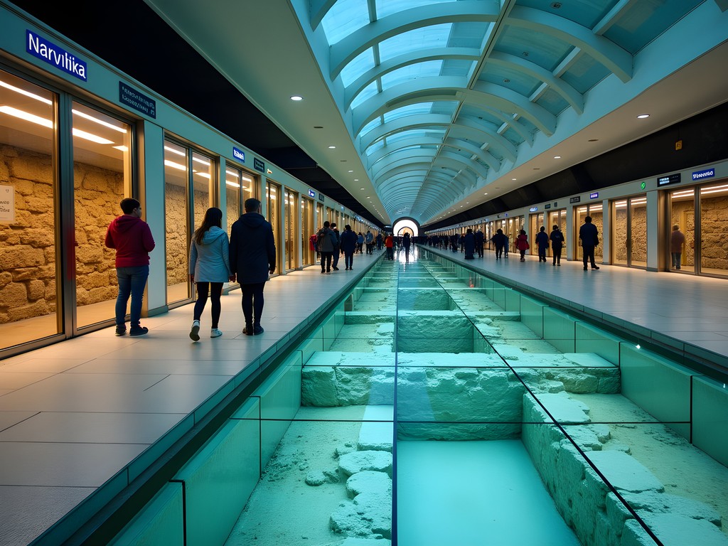 Serdika Metro Station with visible ancient Roman ruins under glass floor panels